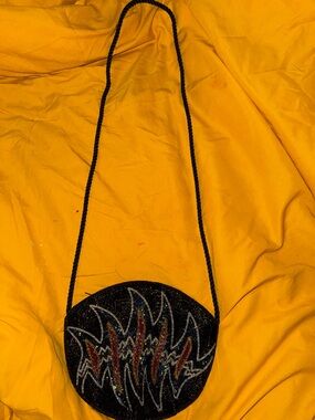 Beaded Black Round Crossbody Bag with Multi-Color Flame Accent